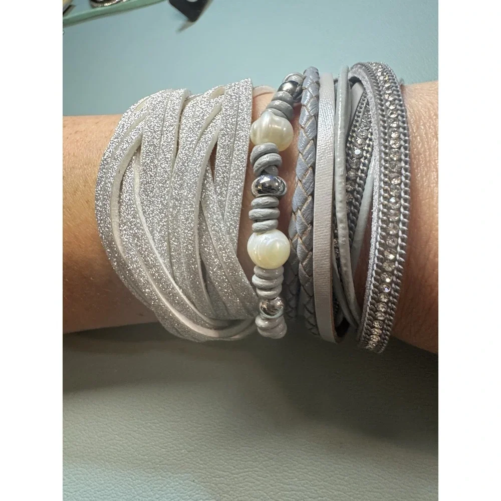 4 Piece Bracelet Stack Lot Wraps Rhinestones Pearls Leather